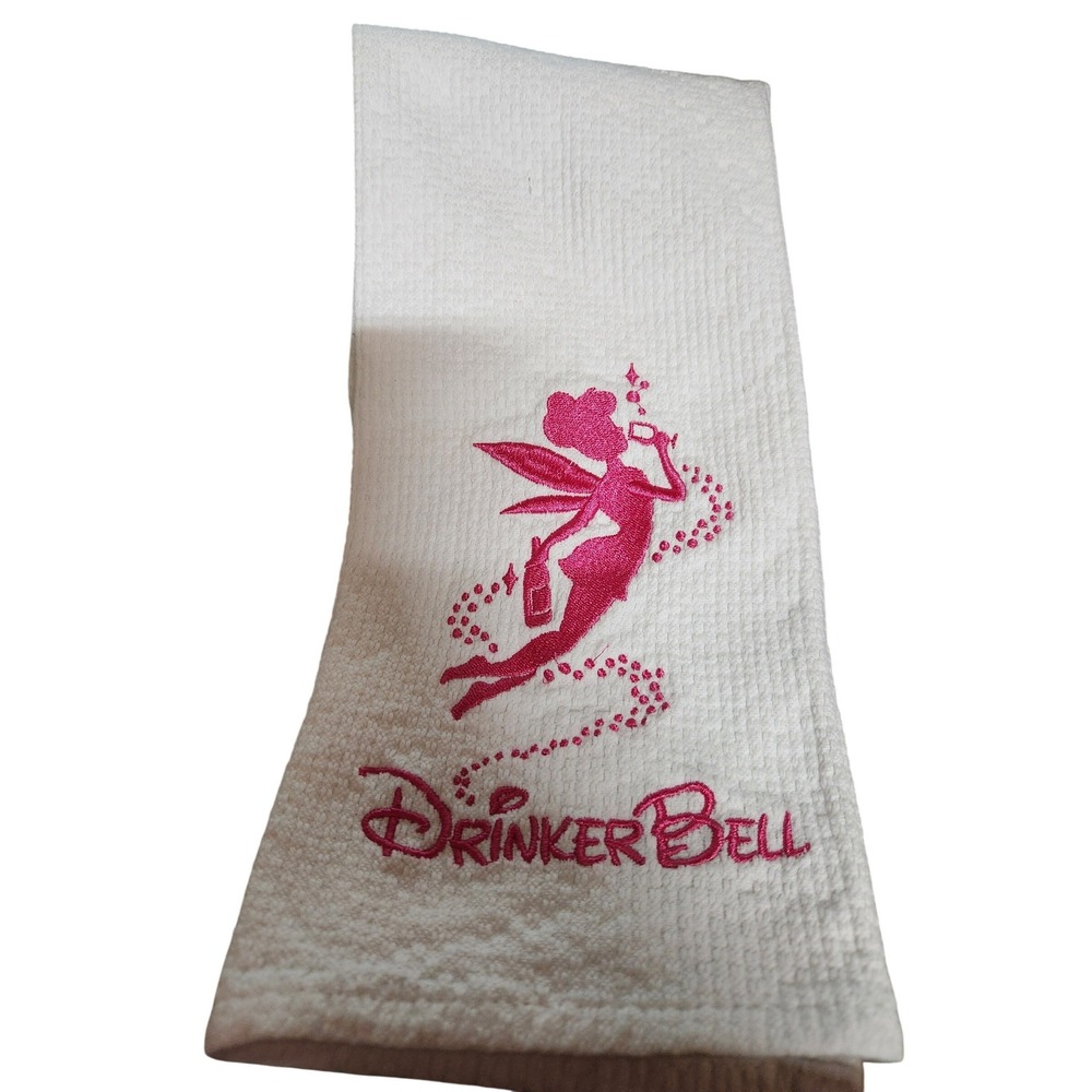 Drinkerbell Funny Embroidered Waffle Weave Kitchen Towel White Pink Fairy Pun‎